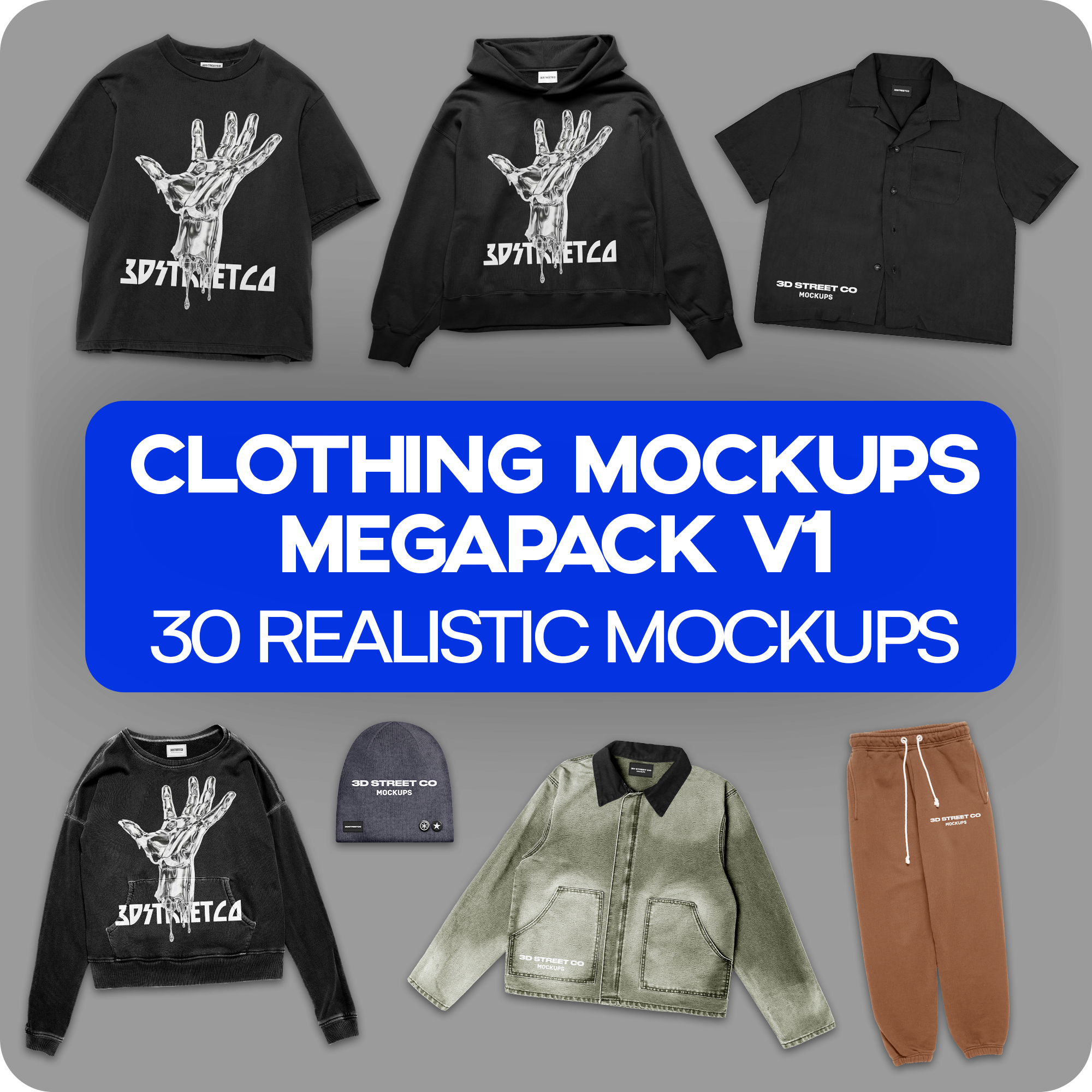 Collection of clothing items with brand logo on a gray background, labeled 'Clothing Mockups Megapack V1'.